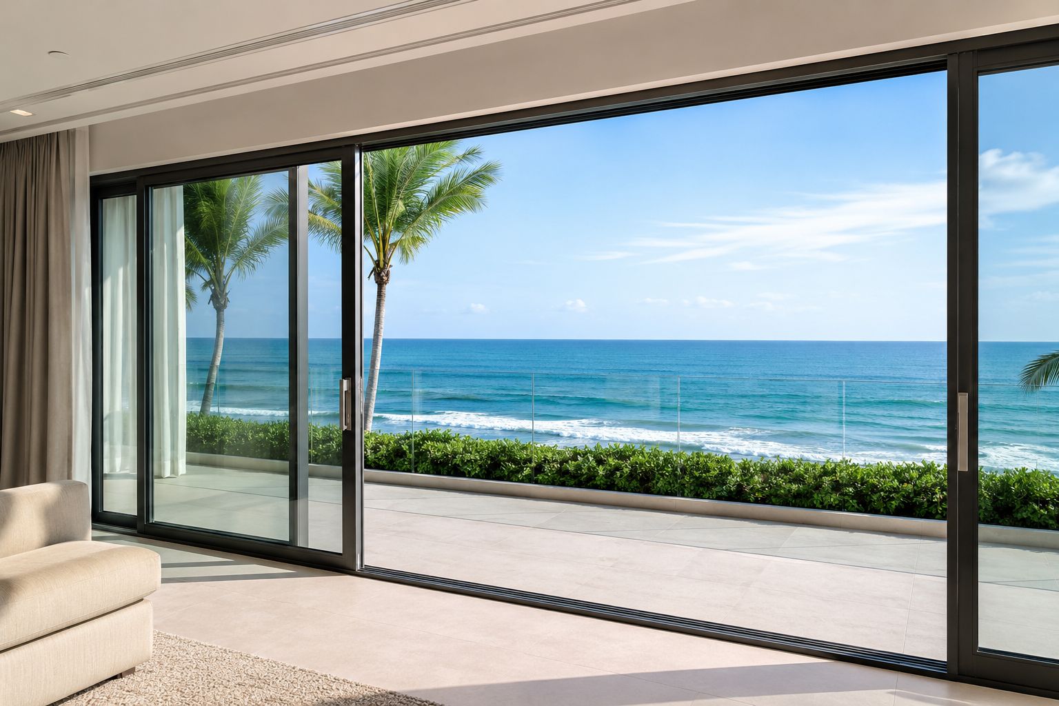 Luxury sliding glass door with ocean view and palm trees – AGPS Tampa, FL